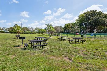 A group of picnic tables in a park