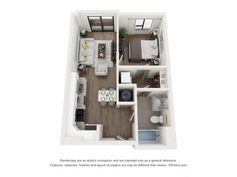 Floor plan for 1 bed, 1 bath, 623 sqft