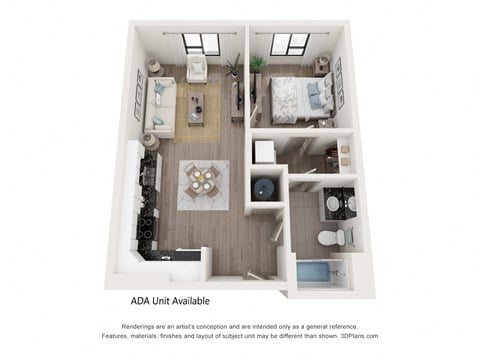 Floor plan for 1 bed, 1 bath, 909 sqft