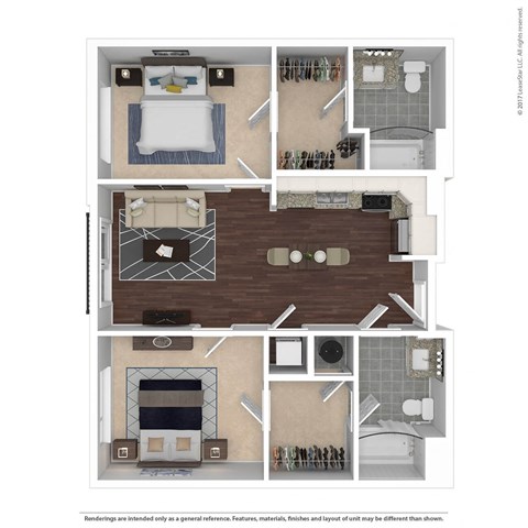 Floor plan for 2 beds, 2 baths, 855 sqft