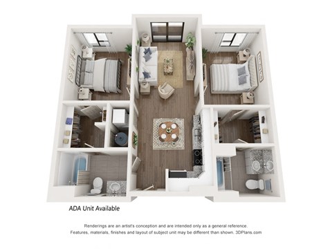 Floor plan for 2 beds, 2 baths, 862 sqft