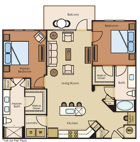 Floor plan for 2 beds, 2 baths, 1191 sqft