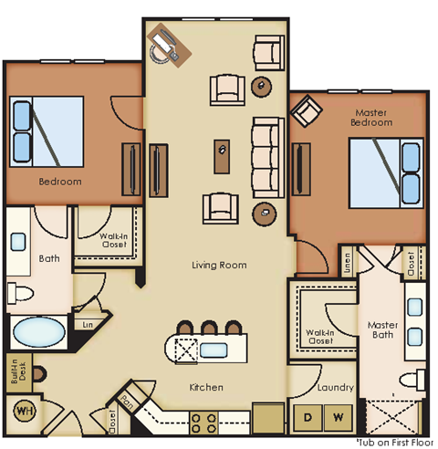 Floor plan for 2 beds, 2 baths, 1277 sqft