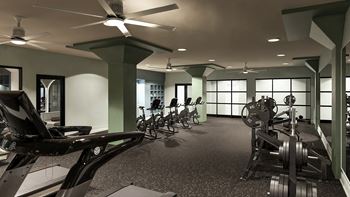 A gym with a variety of equipment including weights and bikes