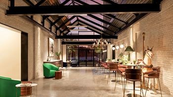 A modern interior with a glass ceiling and a mix of green and brown furniture