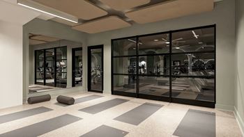 A room with a black and white checkered floor and a glass wall