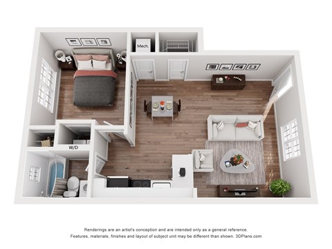 Floor plan for 1 bed, 1 bath, 580 sqft