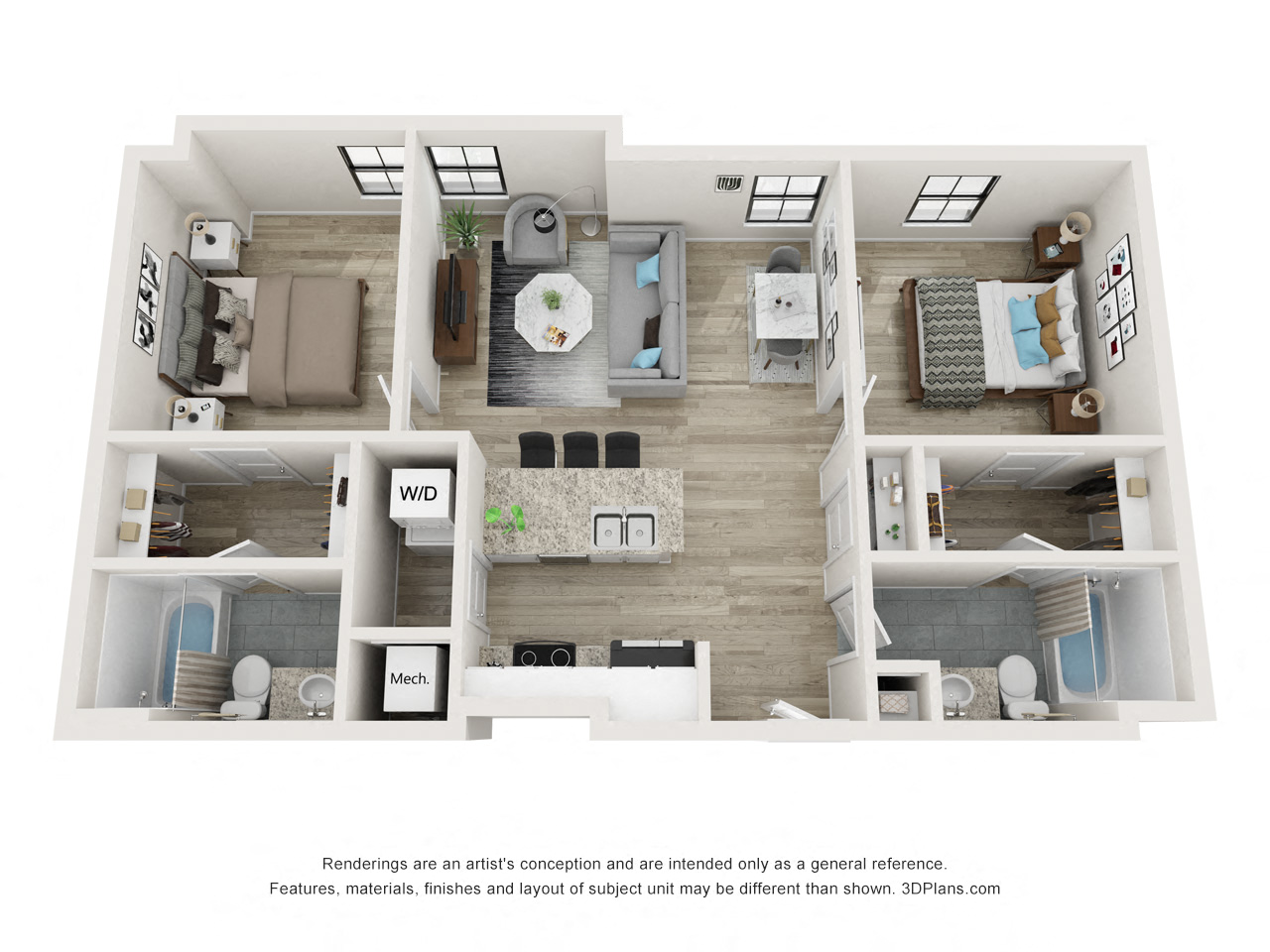 Floor plan for 2 beds, 2 baths, 871 sqft