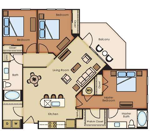 Floor plan for 3 beds, 2 baths, 1307 sqft