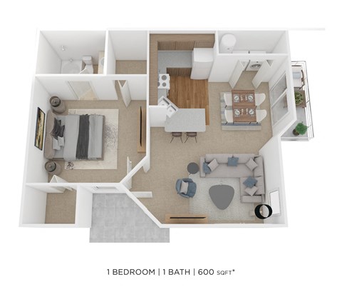 Floor plan for 1 bed, 1 bath, 600 sqft