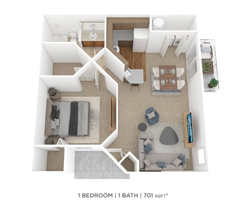 Floor plan for 1 bed, 1 bath, 701 sqft