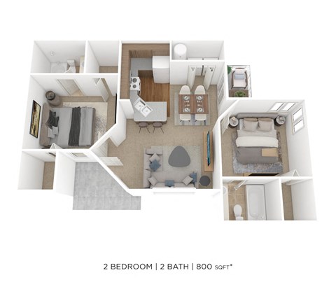 Floor plan for 2 beds, 2 baths, 800 sqft