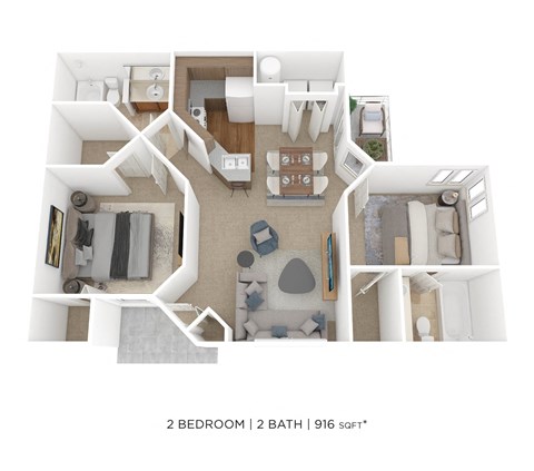 Floor plan for 2 beds, 2 baths, 916 sqft