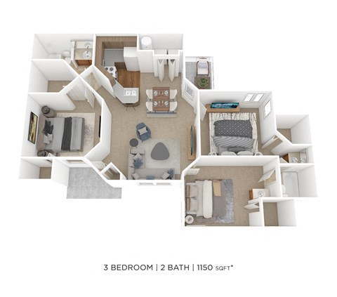 Floor plan for 3 beds, 2 baths, 1150 sqft