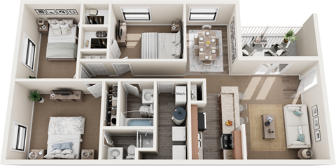 Floor plan for 3 beds, 2 baths, 1200 sqft