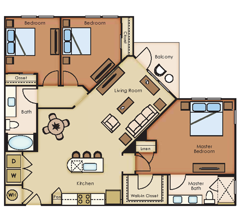 Floor plan for 3 beds, 2 baths, 1373 sqft