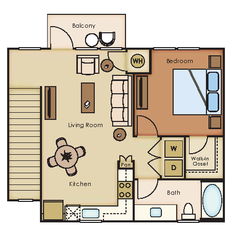 Floor plan for 1 bed, 1 bath, 804 sqft