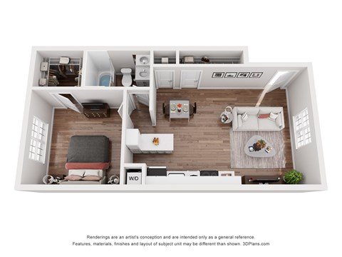 Floor plan for 1 bed, 1 bath, 600 sqft