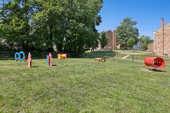 Gated bark park with canine agility course