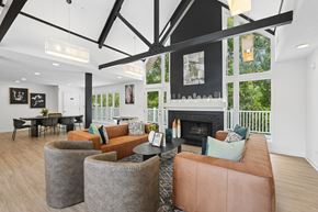 Durham apartment for rent - Community clubhouse lounge with fireplace and balcony access at Park Ridge Estates