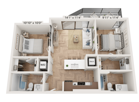Floor plan for 2 beds, 2 baths, 948 sqft