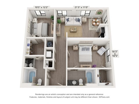 Floor plan for 2 beds, 2 baths, 880 sqft