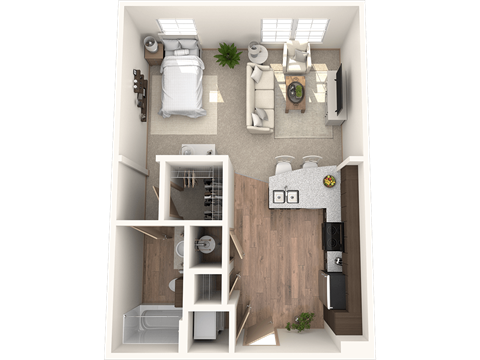 Floor plan for studio, 1 bath, 569 sqft