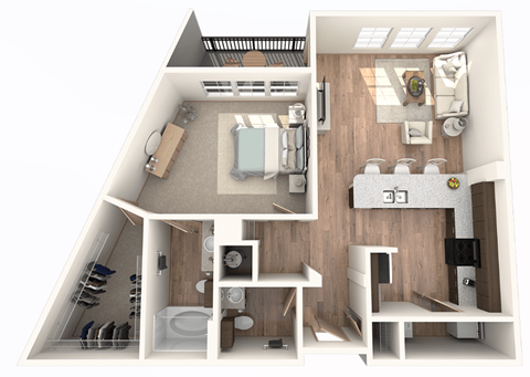 Floor plan for 1 bed, 1.5 baths, 956 sqft