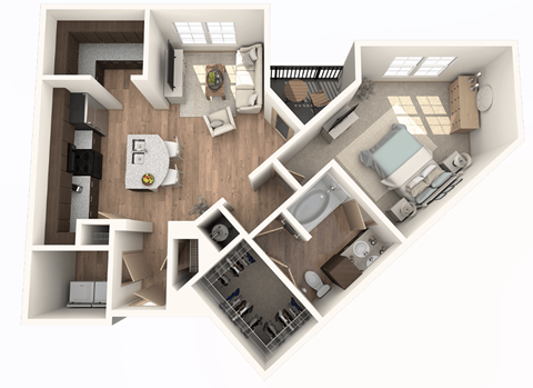 Floor plan for 1 bed, 1 bath, 939 sqft