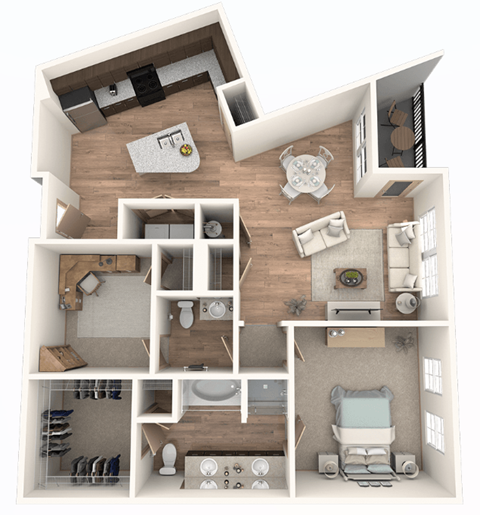 Floor plan for 1 bed, 1.5 baths, 1192 sqft
