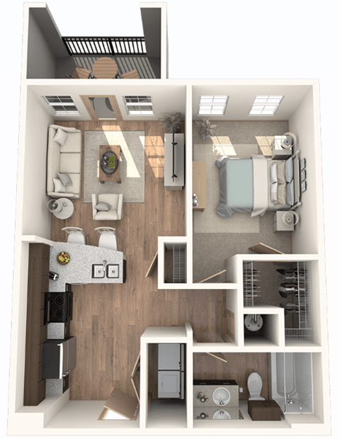 Floor plan for 1 bed, 1 bath, 691 sqft