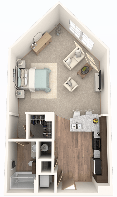Floor plan for studio, 1 bath, 673 sqft