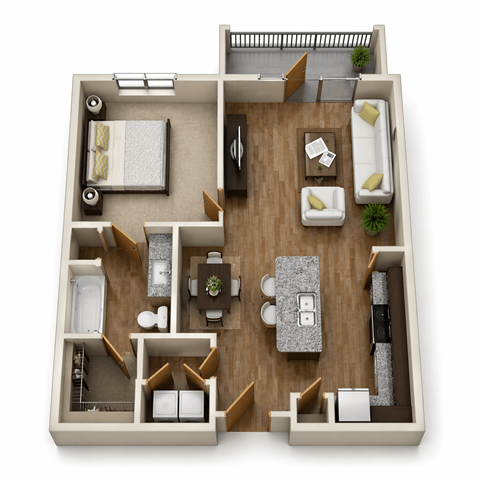 Floor plan for 1 bed, 1 bath, 723 sqft