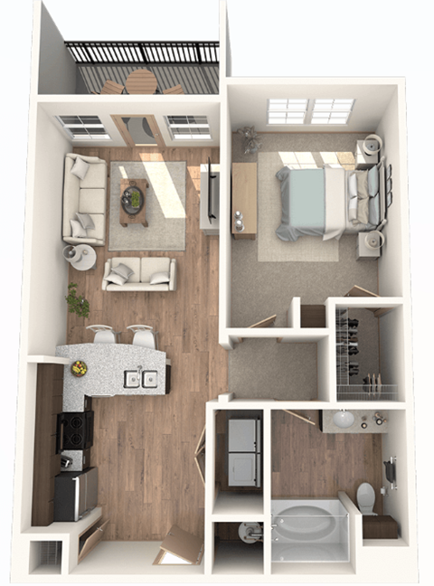 Floor plan for 1 bed, 1 bath, 708 sqft