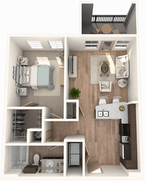 Floor plan for 1 bed, 1 bath, 728 sqft