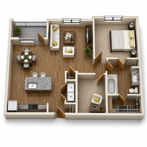 Floor plan for 1 bed, 1 bath, 845 sqft