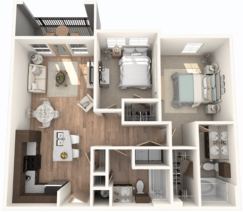 Floor plan for 2 beds, 2 baths, 1048 sqft