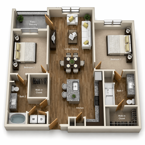 Floor plan for 2 beds, 2 baths, 1025 sqft