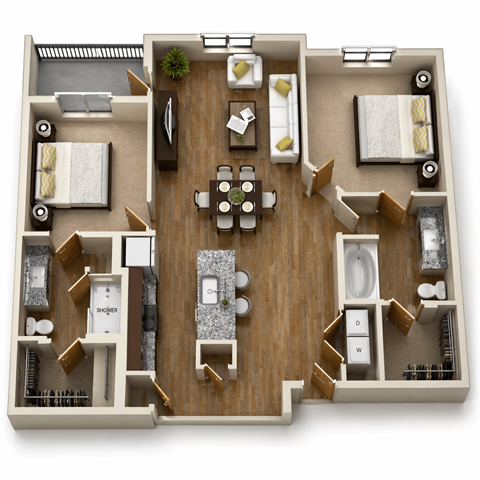 Floor plan for 2 beds, 2 baths, 1154 sqft