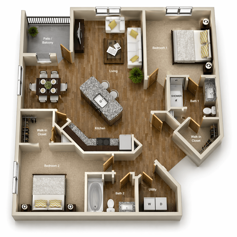 Floor plan for 2 beds, 2 baths, 1200 sqft