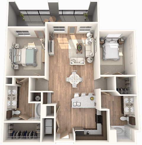 Floor plan for 2 beds, 2 baths, 1250 sqft