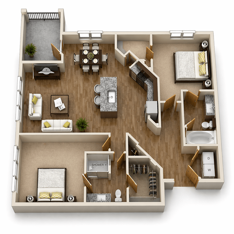 Floor plan for 2 beds, 2 baths, 1260 sqft