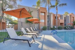 Mesa apartment for rent - Poolside Lounge Area at Candela Park Apartments, Mesa, AZ