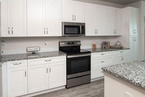 Tampa apartment for rent - A kitchen with white cabinets and a granite countertop.