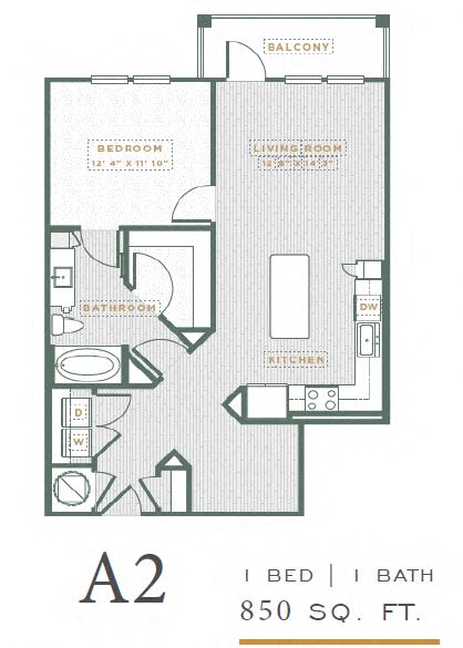 Floor plan for 1 bed, 1 bath, 850 sqft