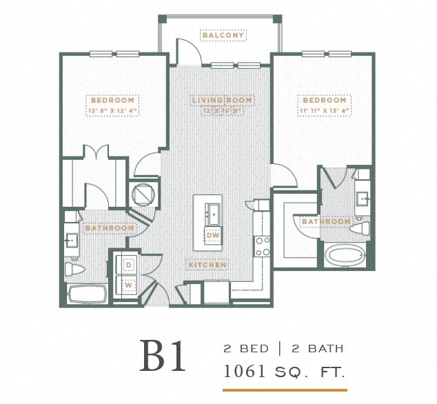 Floor plan for 2 beds, 2 baths, 1061 sqft