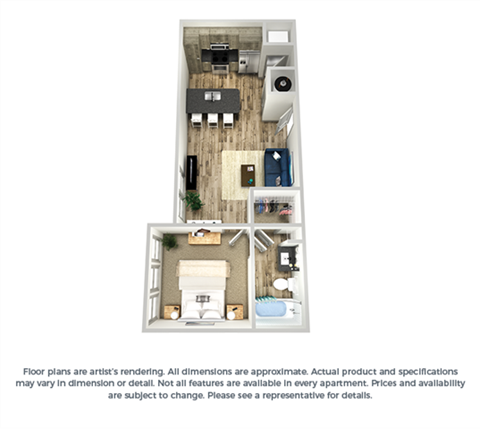 Floor plan for 1 bed, 1 bath, 605 sqft