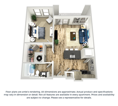 Floor plan for 1 bed, 1 bath, 679 sqft