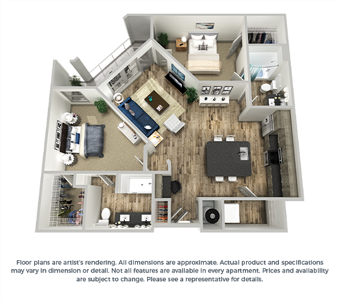 Floor plan for 2 beds, 2 baths, 1199 sqft
