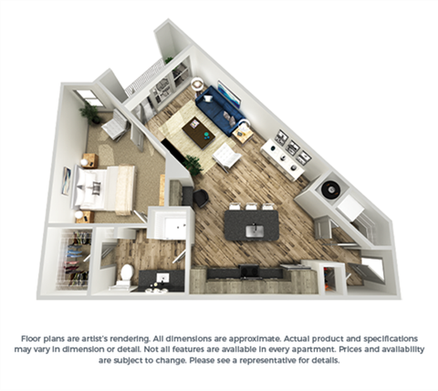 Floor plan for 1 bed, 1 bath, 799 sqft